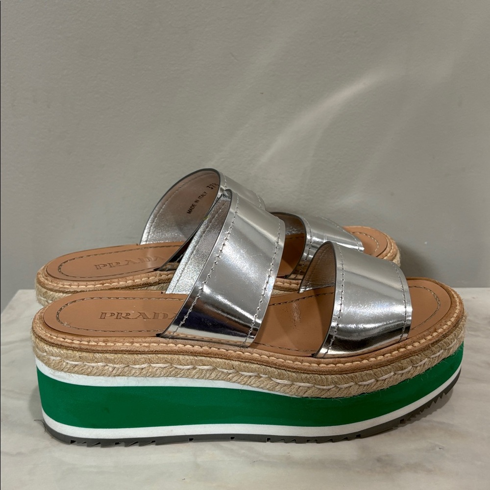Prada Silver and Green Platform Metallic Two Band Espadrille Slides 37.5 7.5 - Picture 9 of 13